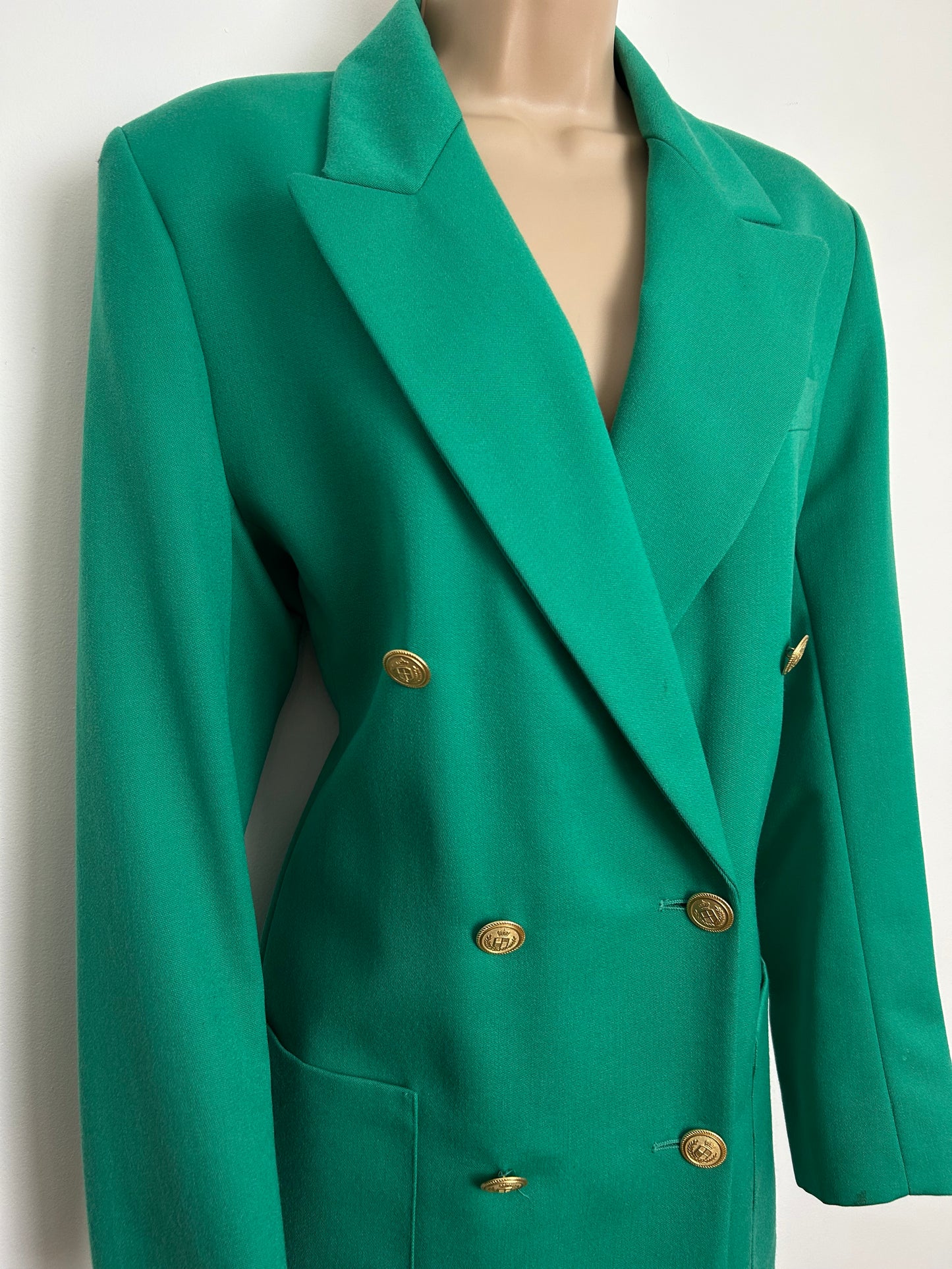Vintage 1990s ST MICHAEL MARKS & SPENCER Size 12-14 Green Pure Wool Military Style Double Breasted Blazer