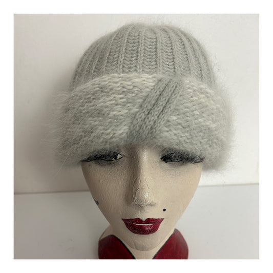 Vintage Pale Grey Wool & Angora Mix Turn Up Detail Beanie Winter Hat
