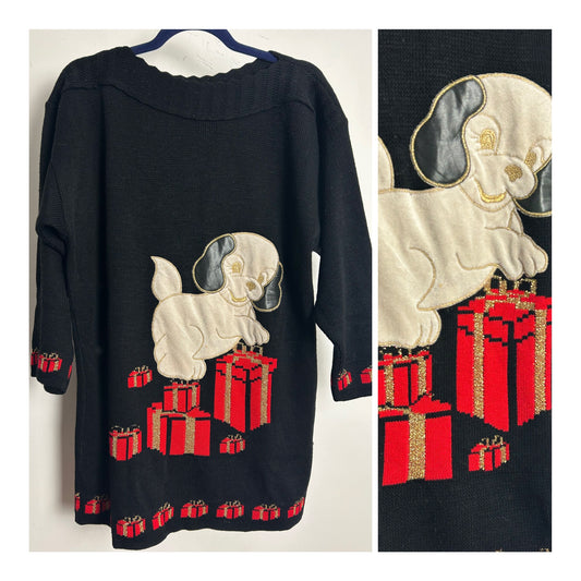 Vintage 1980s One Size Up To Size 16/18 Black Dog & Christmas Present Applique Wool Mix Jumper