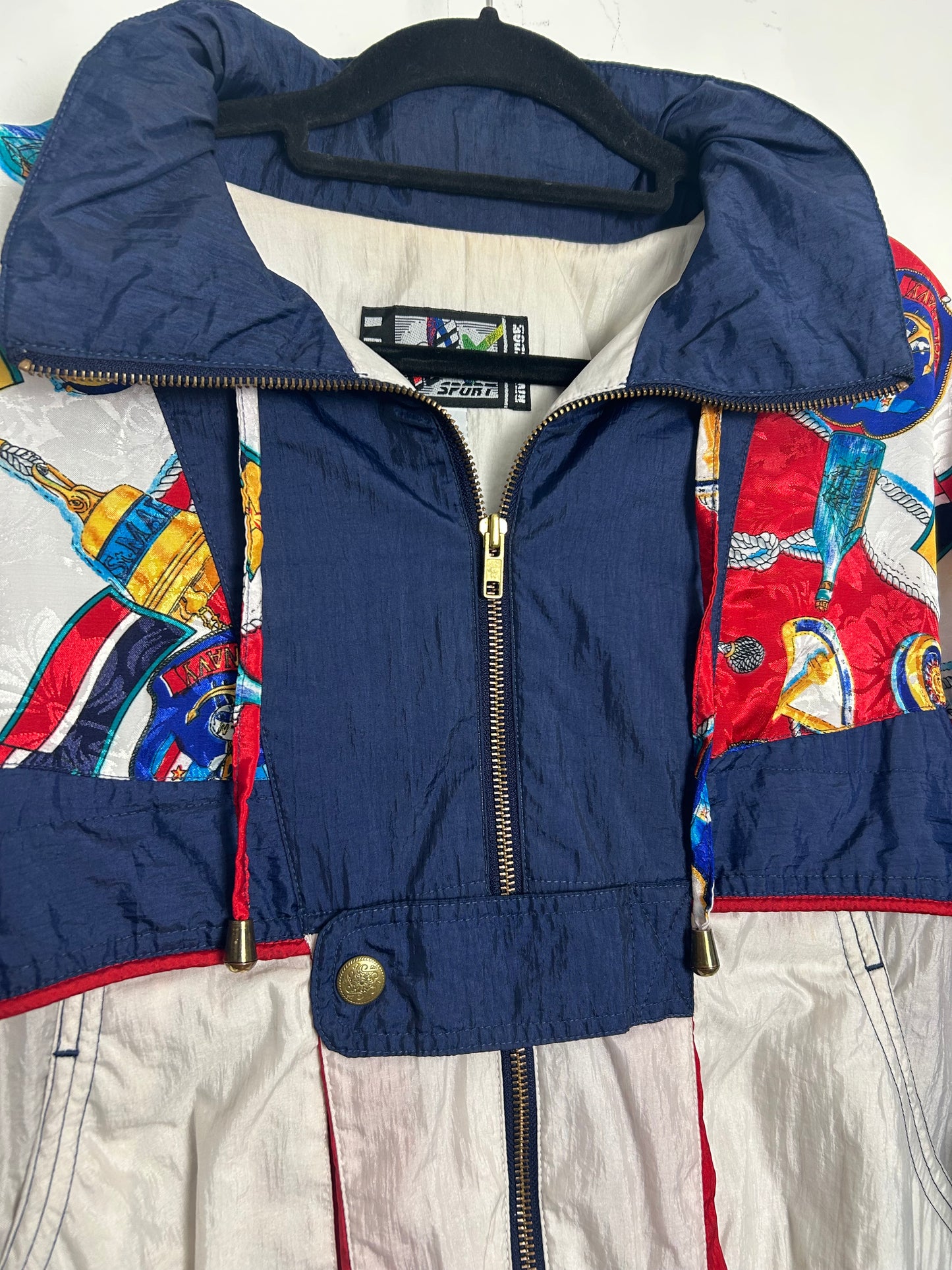 Vintage 1980s RIVER EDGE Size L (Up To Size 16) Blue White & Red Royal Navy Nautical Novelty Print Shell Jacket/Windbreaker