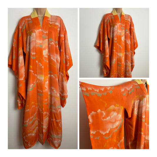 Vintage 1970s Up To Size 16 Orange Cloud Type Print Japanese Mid Length Kimono