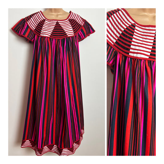 Vintage 1980s Size 12 Black Red Pink Stripe Braid Trim Cotton Smock Style Dress