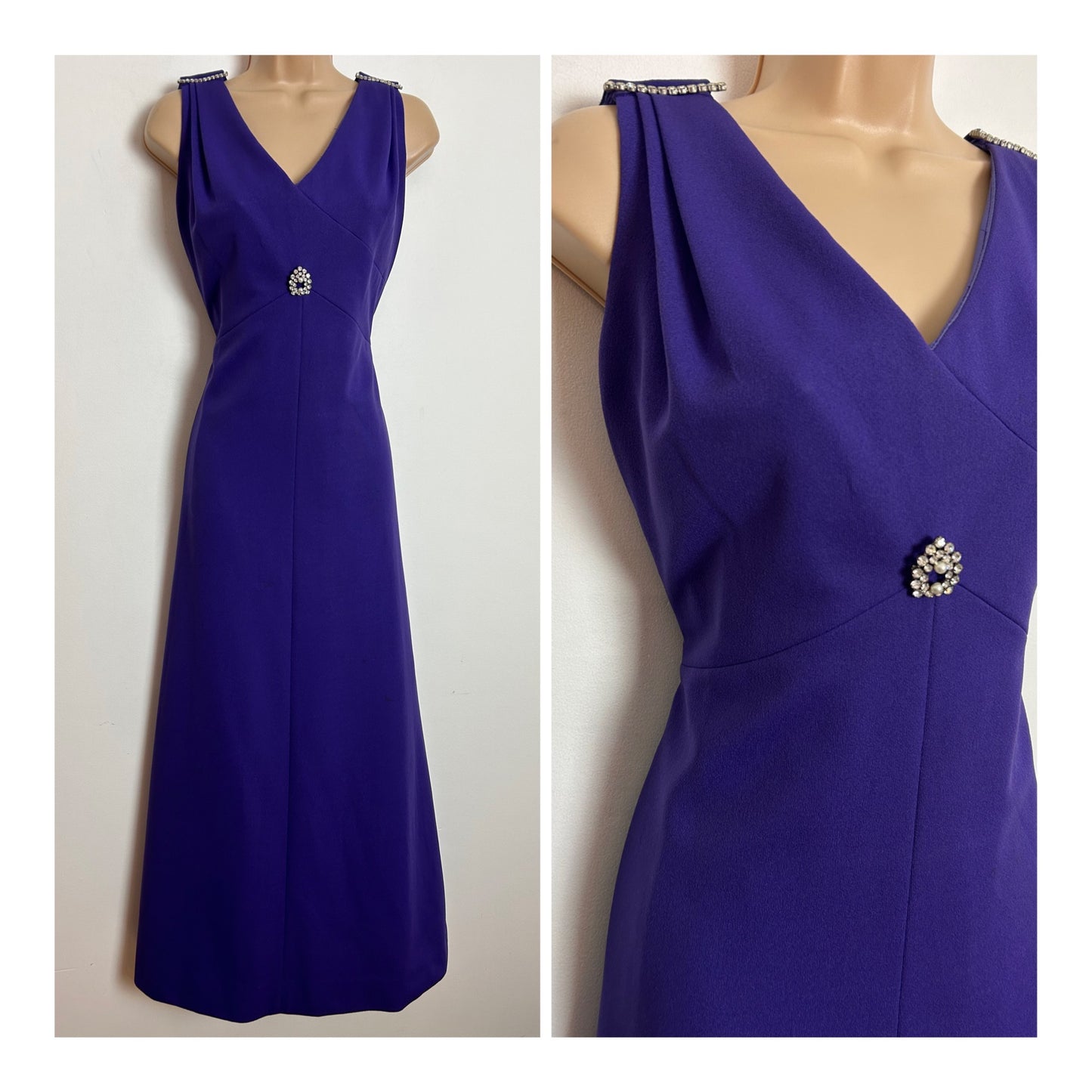 Vintage 1970s UK Size 12 Purple Diamante Shoulder & Brooch Detail Evening Occasion Maxi Dress