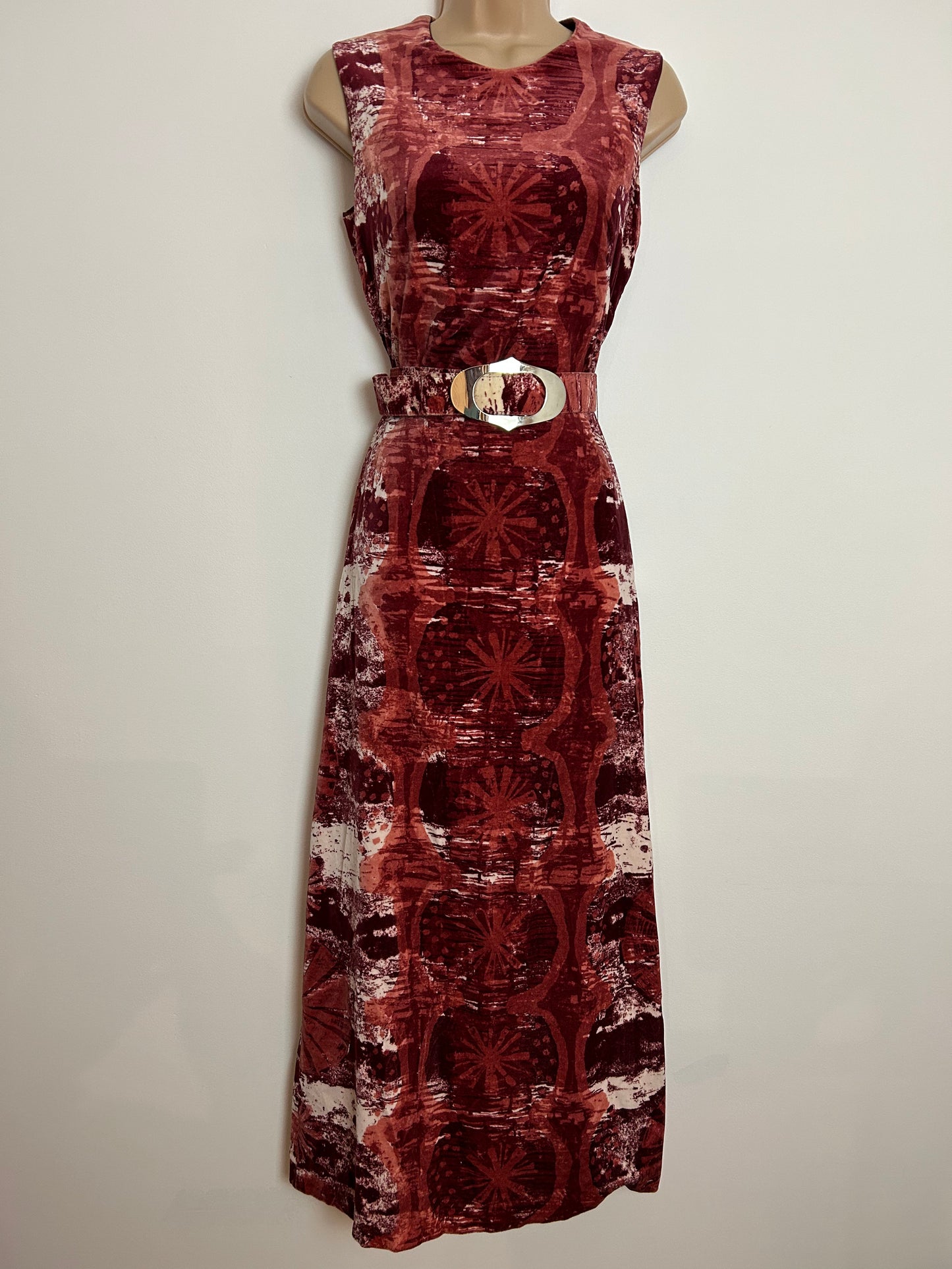 Vintage 1970s UK Size 8 Velvet Velour Brick Red Tones Abstract Print Sleeveless Belted Boho Maxi Dress