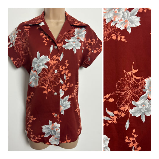 Vintage 1970s HAWAII NEI Size 12 Burnt Sienna Grey & Orange Floral Print Short Sleeve Hawaiian Shirt