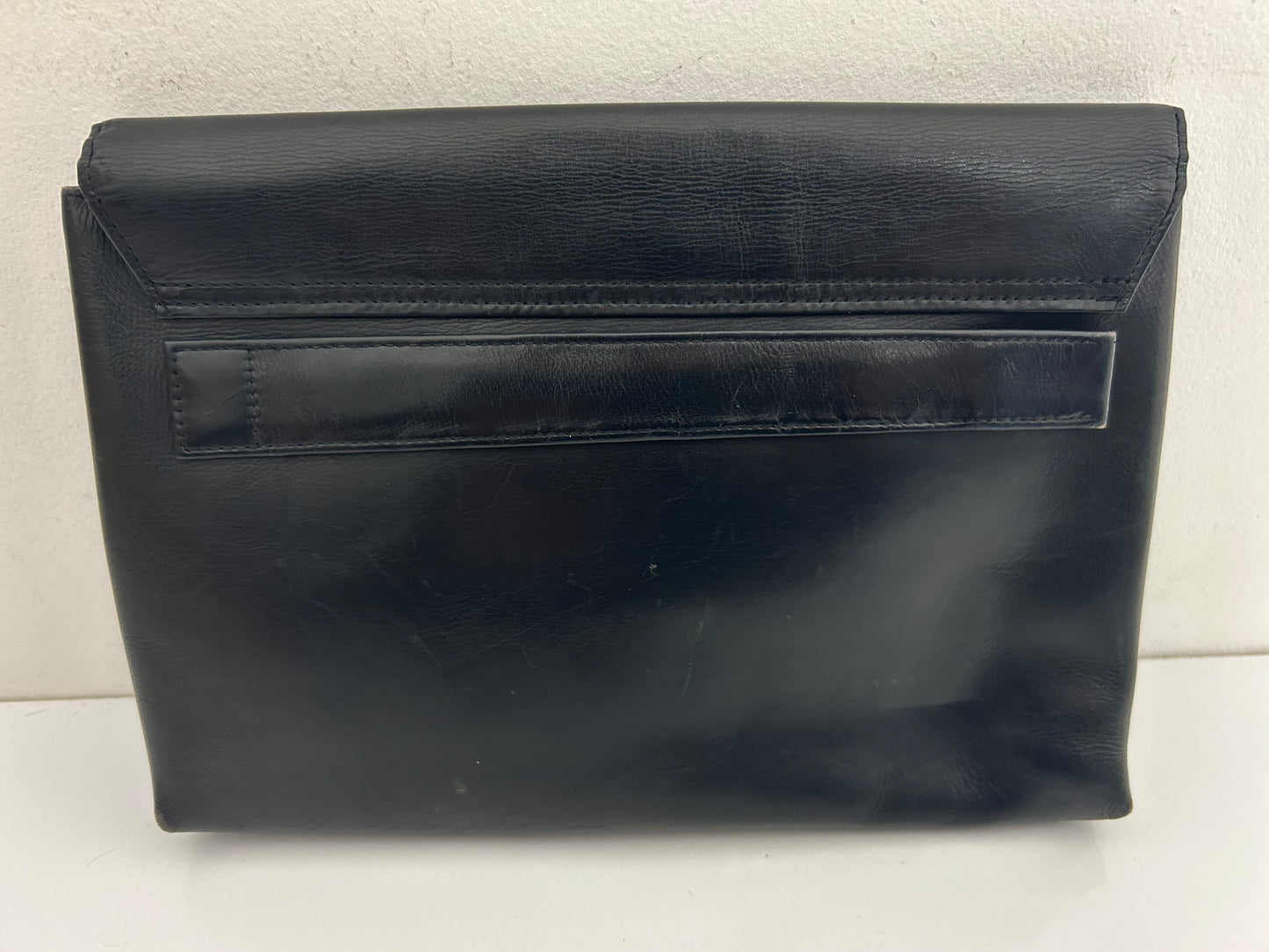 Vintage Late 1950s Black Leather Clutch Bag With Finger/Hand Strap