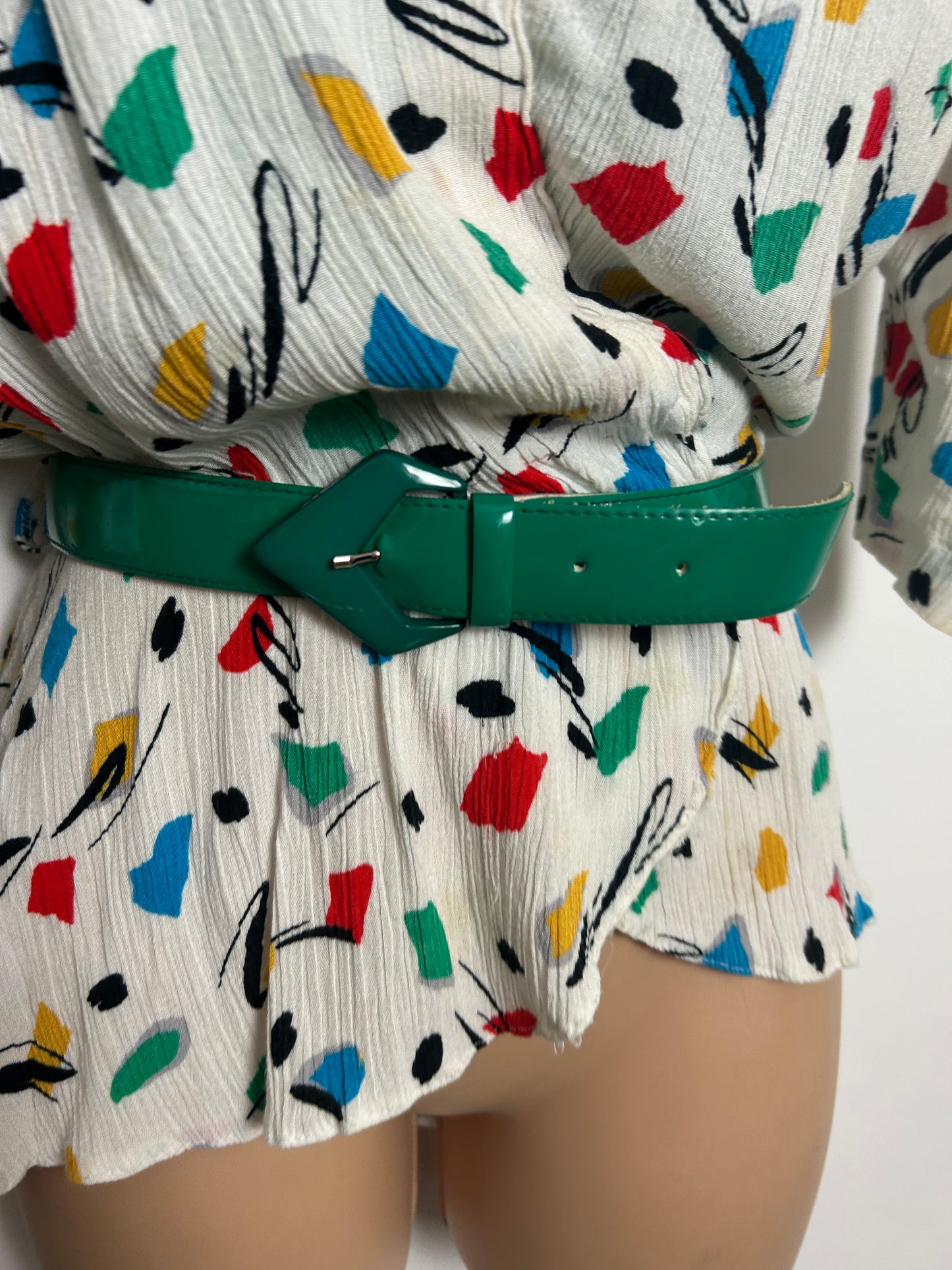 Vintage 1980s Size 12-14 White Red Green Yellow & Blue Abstract Belted Peplum Top