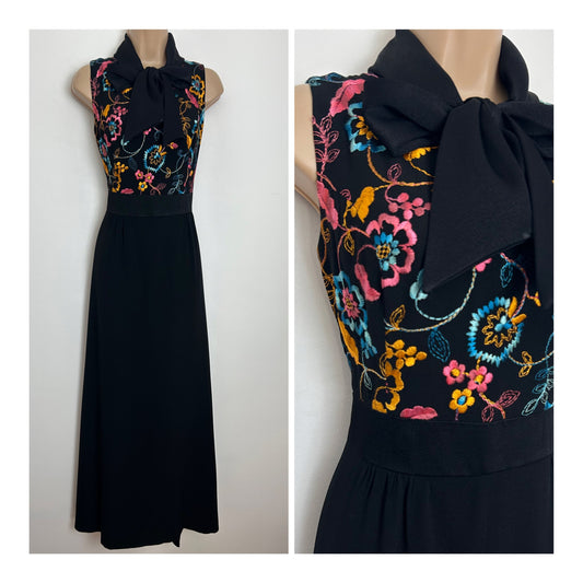 Vintage 1970s Size 10 Black Blue Pink & Mustard Embroidered Floral Detail Pussy Bow Maxi Dress