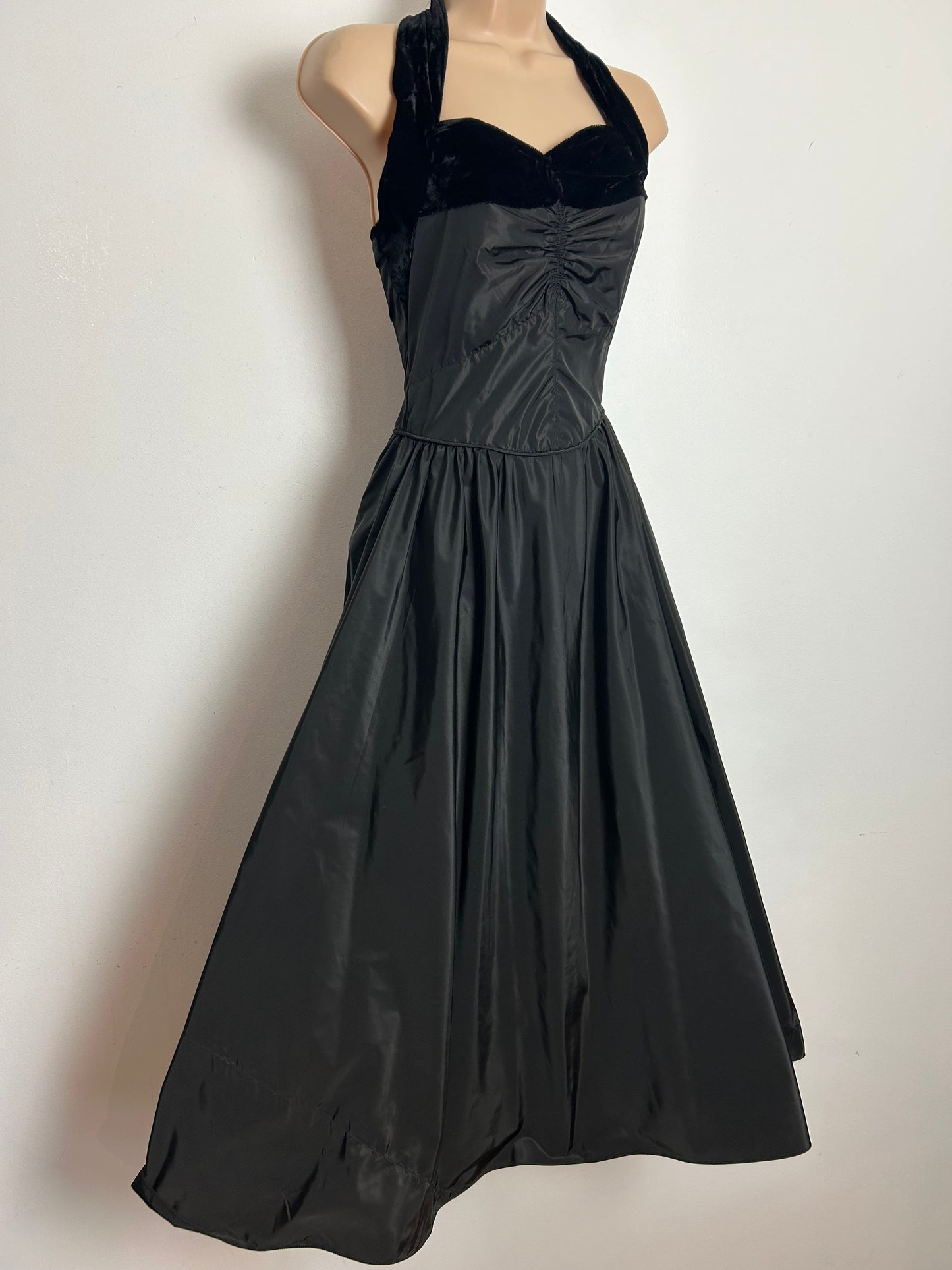 Vintage 1940s Size 6 Black Acetate & Velvet Trim Halter Neck Occasion Evening Xmas Party Dress