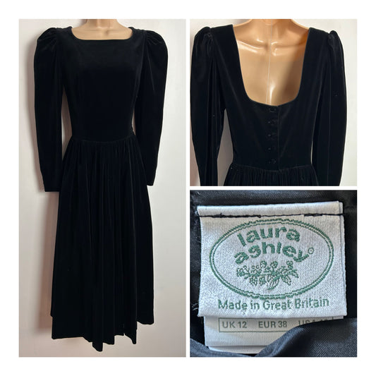 Vintage 1980s LAURA ASHLEY UK Size 8 (UK Size 12) Black Velvet Long Sleeve Occasion Dress