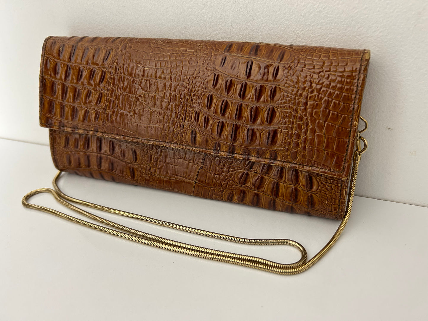 Vintage 1970s Tan Brown Leather Reptile Clutch Or Shoulder Bag