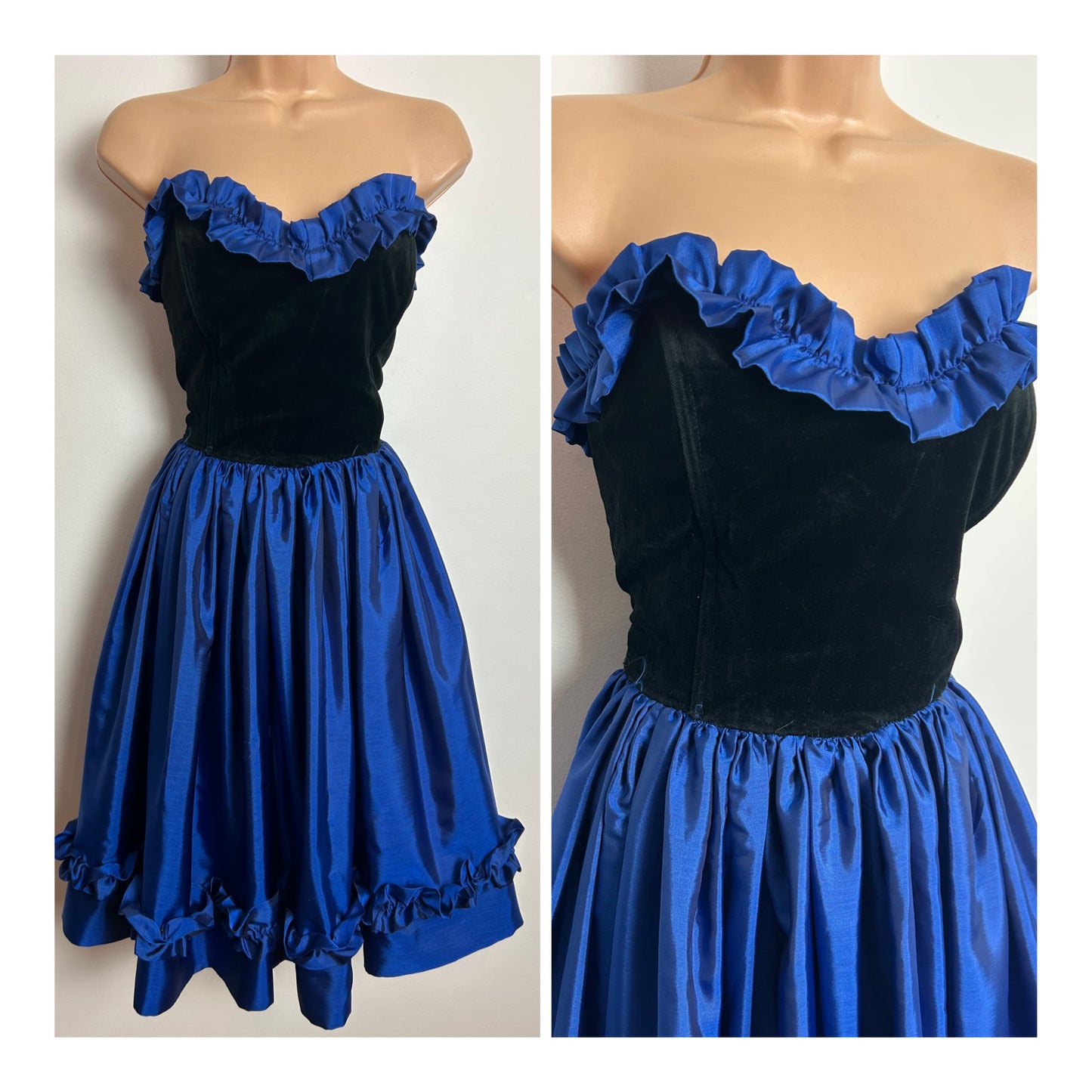 Vintage 1980s Size 10 Black & Electric Blue Velvet & Taffeta Strapless Ruffle Detail Party Prom Dress - Small Issue