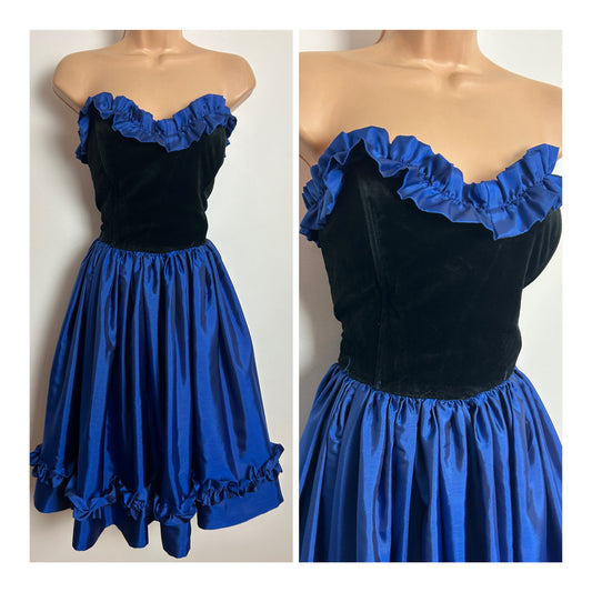 Vintage 1980s Size 10 Black & Electric Blue Velvet & Taffeta Strapless Ruffle Detail Party Prom Dress - Small Issue