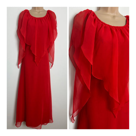 Vintage 1970s DEBENHAMS Size 12 Red Chiffon Split Floaty Sleeve Layered Occasion Maxi Dress