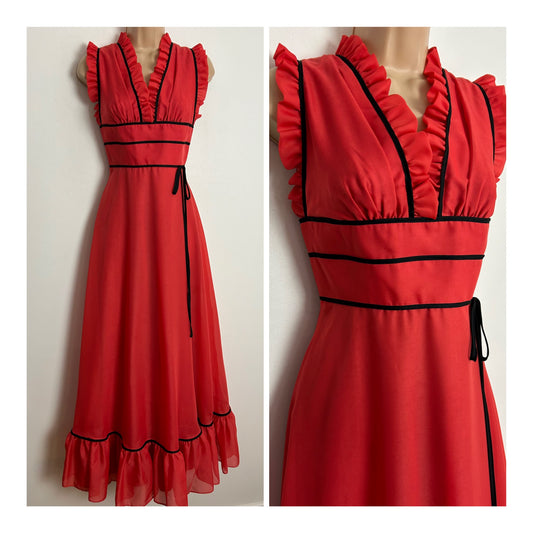 Vintage 1970s UK Size 6-8 Beautiful Orange Ruffle Trim Bow Detail Occasion Maxi Dress