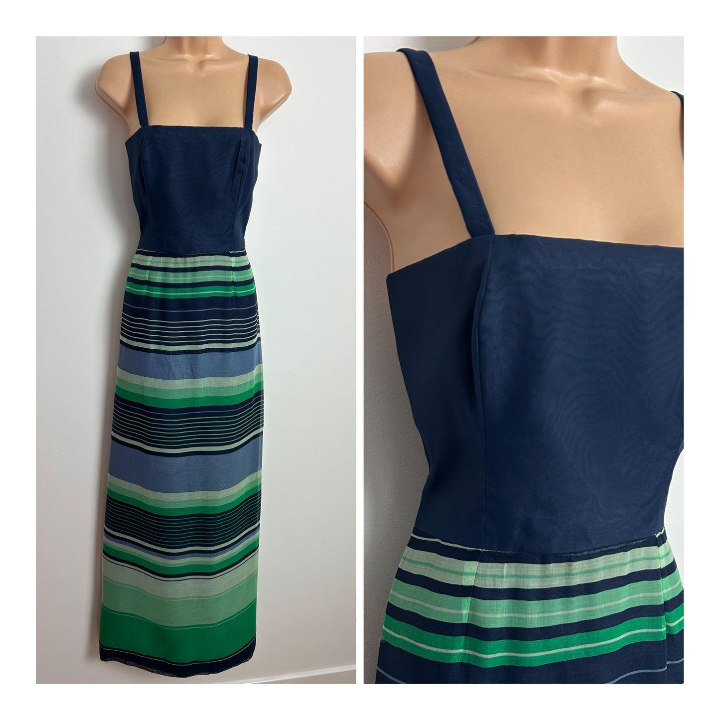 Vintage Late 1960s G. VALENS BRUXELLS Size 8-10 Navy Blue & Green Stripe Maxi Dress