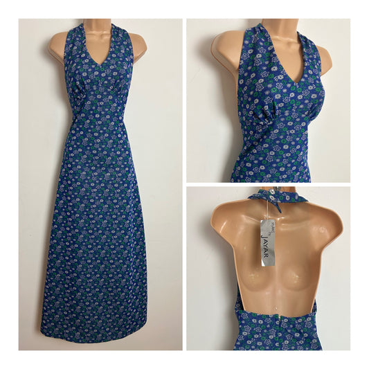 Vintage 1970s Deadstock JAYAR Size 8 Blue Silver & Green Floral Lurex Halter Neck Maxi Dress