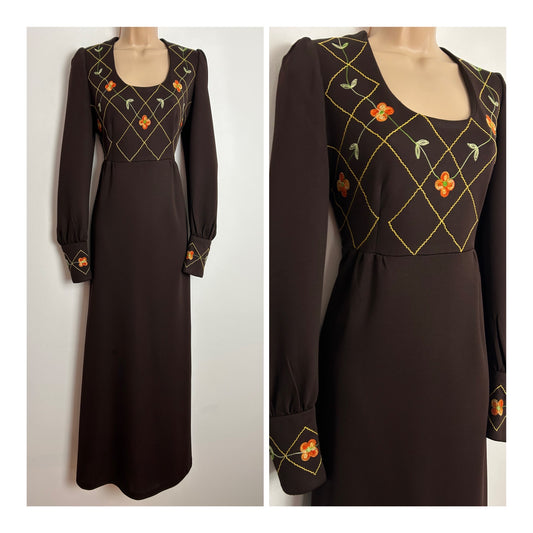 Vintage 1970s WENDY UK Size 12 Brown Floral Embroidered Bodice Detail Long Sleeve Maxi Dress