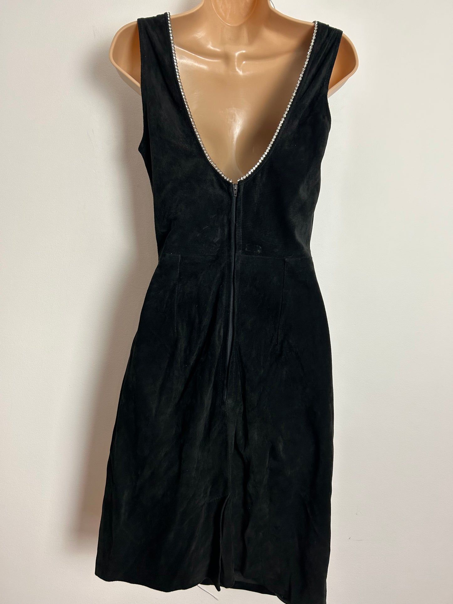 Vintage 1980s JACQUES SAC UK Size 6-8 Black Real Suede Leather Diamante Detail Fitted Cocktail Party Dress