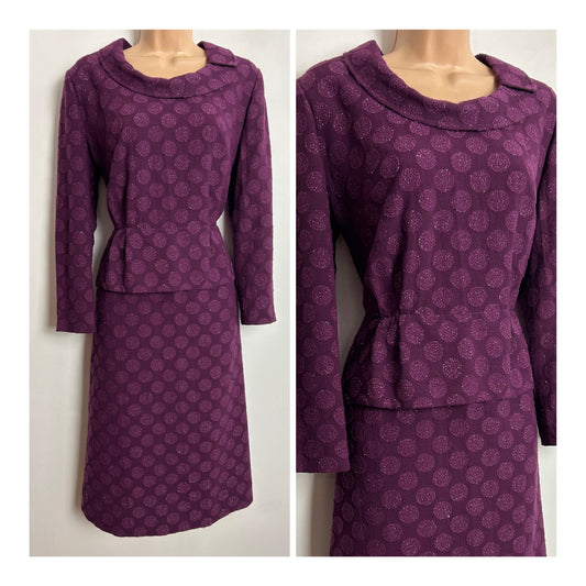 Vintage 1960s UK Size 12 Plum Purple Wool Mix Shimmer Circle Pattern Peplum Party Dress