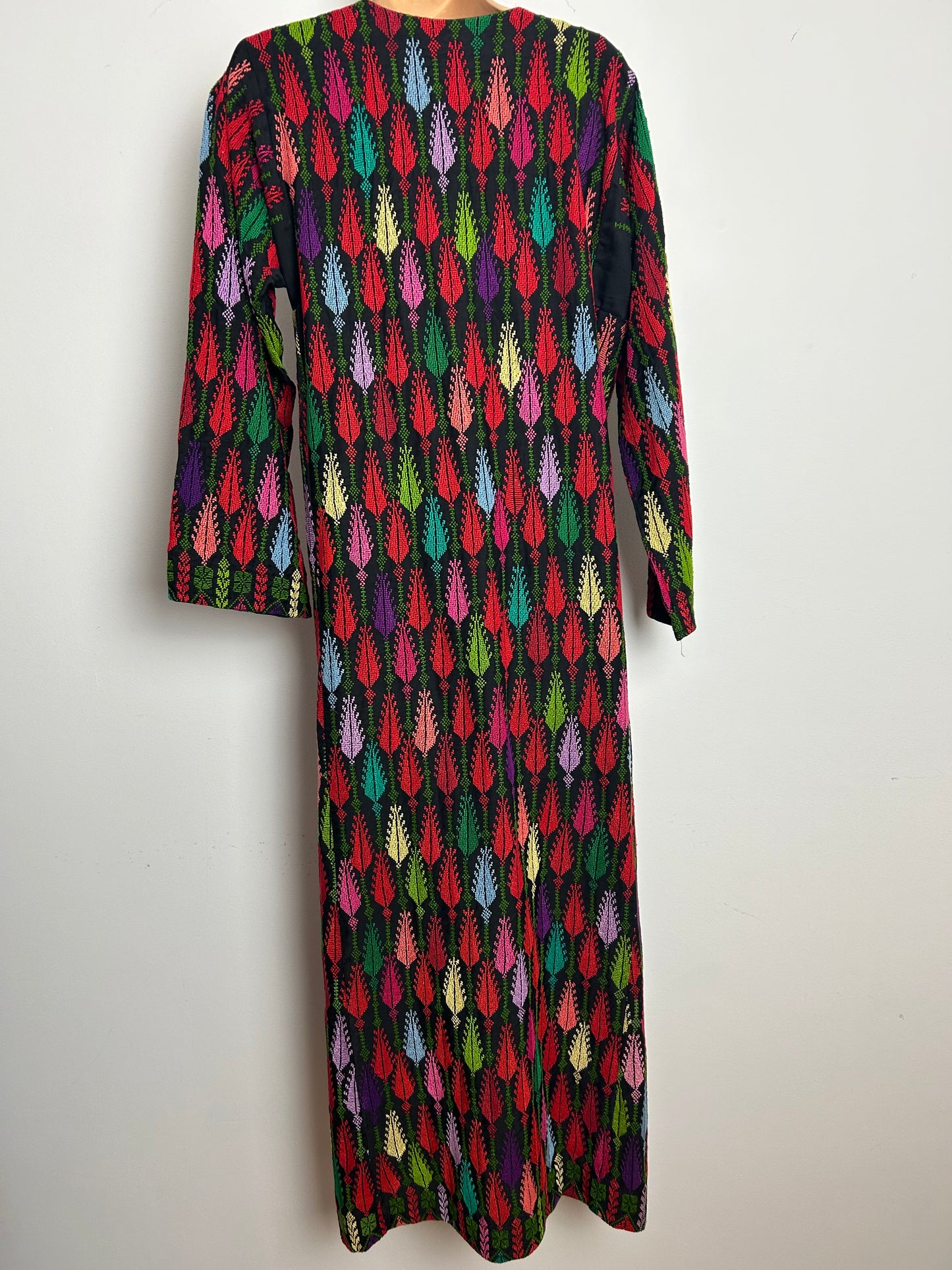 Vintage Up To Size 14 Black Red Blue Green & Yellow Cross Stitch Embroidered Long Sleeve Kaftan