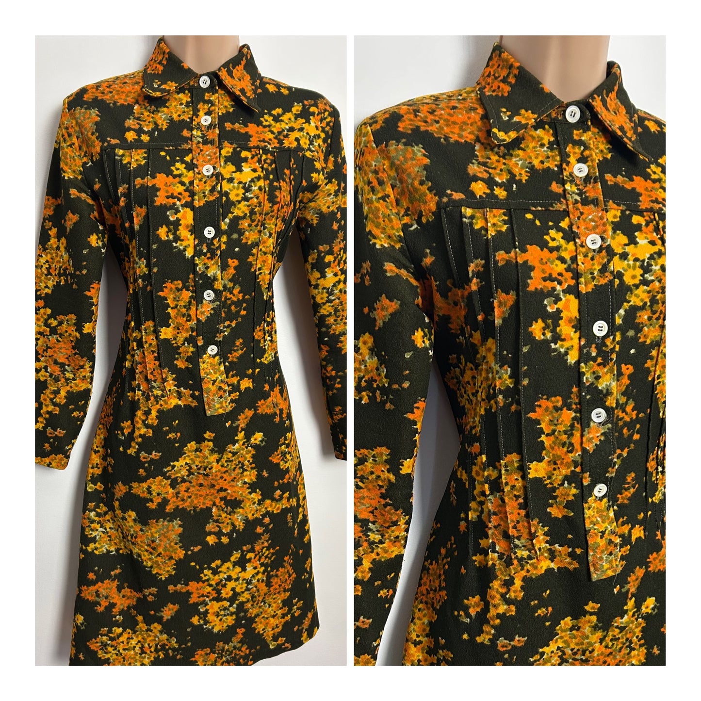 Vintage 1970s UK Size 8 Brown & Orange Tones Floral Print Dagger Collar Mod Shift Dress
