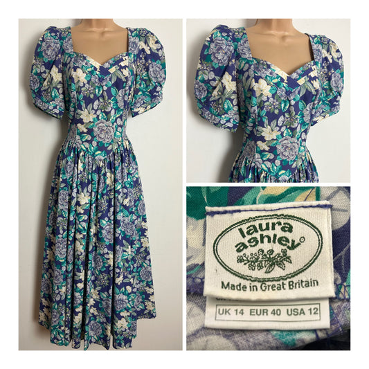 Vintage 1980s LAURA ASHLEY Size 12 Blue Green & Lemon Floral Print Pleated Short Sleeve Dress