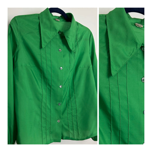 Vintage 1970s TRU Size 14-16 Green Dagger Collar Long Sleeve Stitch Detail Shirt