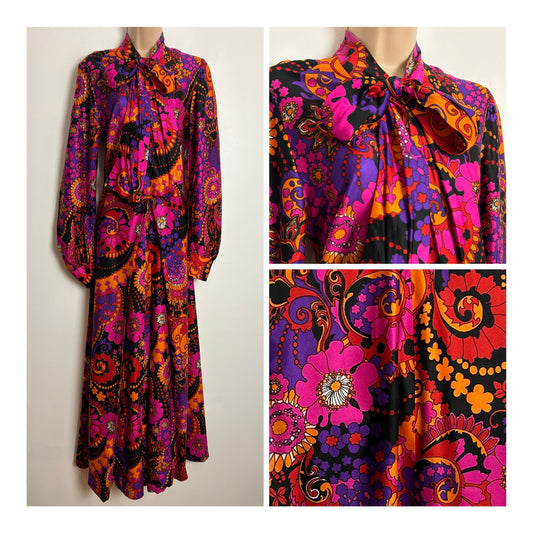 Vintage 1970s DL BARRON UK Size 12 Stunning Pink Purple Orange Psychedelic Floral Print Pussy Bow Long Sleeves Maxi Dress