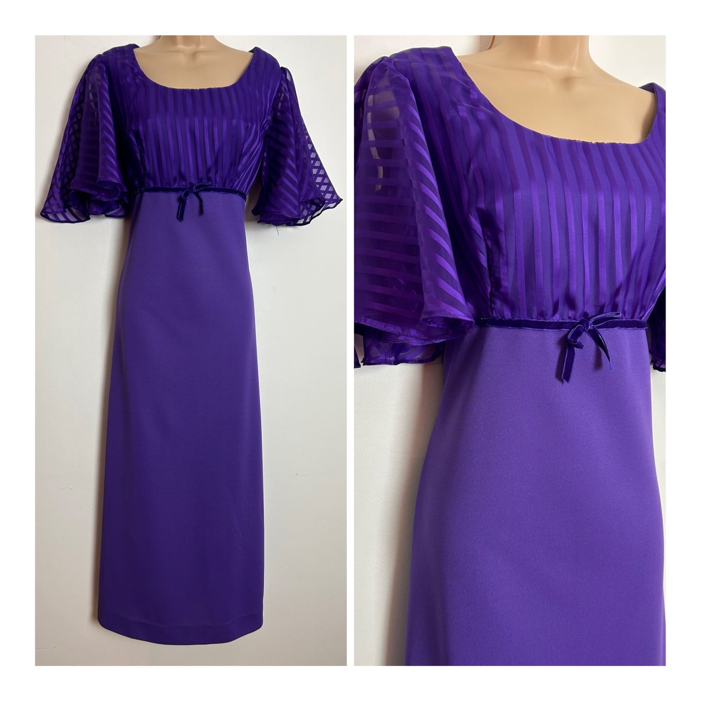 Vintage 1970s UK Size 12 Purple Stripe Chiffon Bodice Evening Occasion Maxi Dress