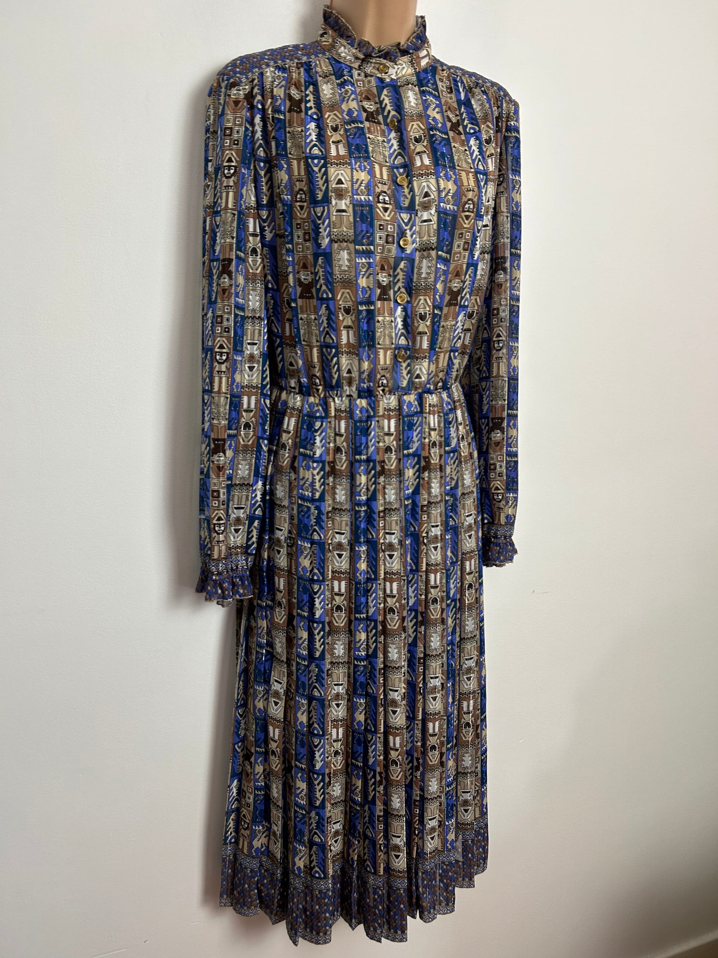 Vintage 1980s FINK MODELL UK Size 14 Blue Brown & Beige Aztec Print Long Sleeve Pleated Midi Day Dress