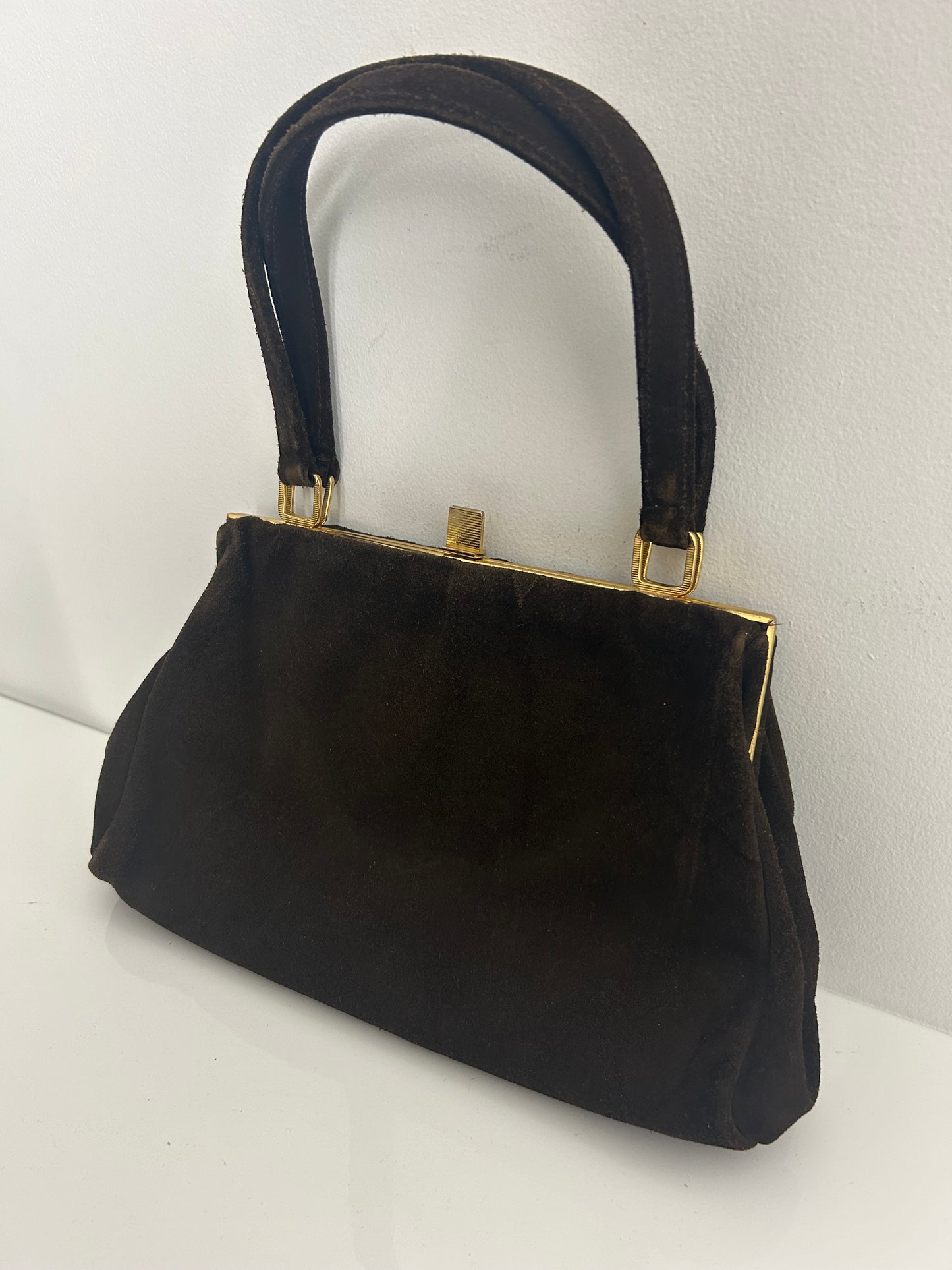 Vintage 1950s Dark Brown Suede Top Handle Handbag Made In London