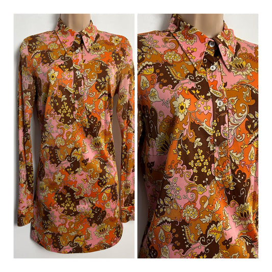 Vintage 1970s UK Size 8 Orange Pink & Brown Floral Print Dagger Collar Long Sleeve Shift Dress