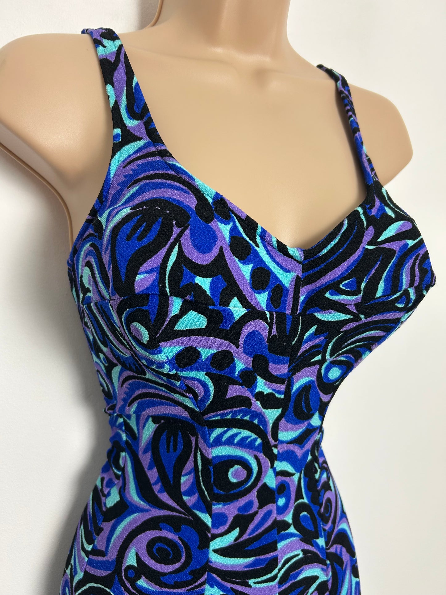 Vintage 1960s LUSA Size 14 Blue Blue & Pink Psychedelic Abstract Print Underwired Swimsuit