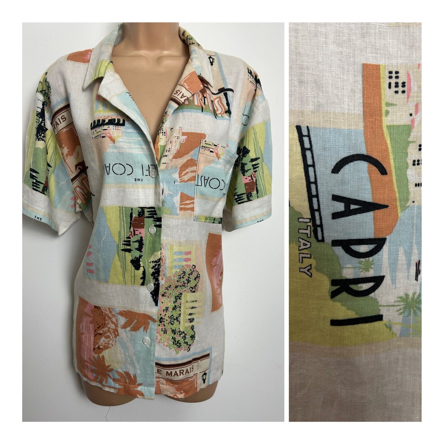 Vintage 1980s Size 12-14 Oversized White Italian & French Postcard Novelty Print Cotton Shirt