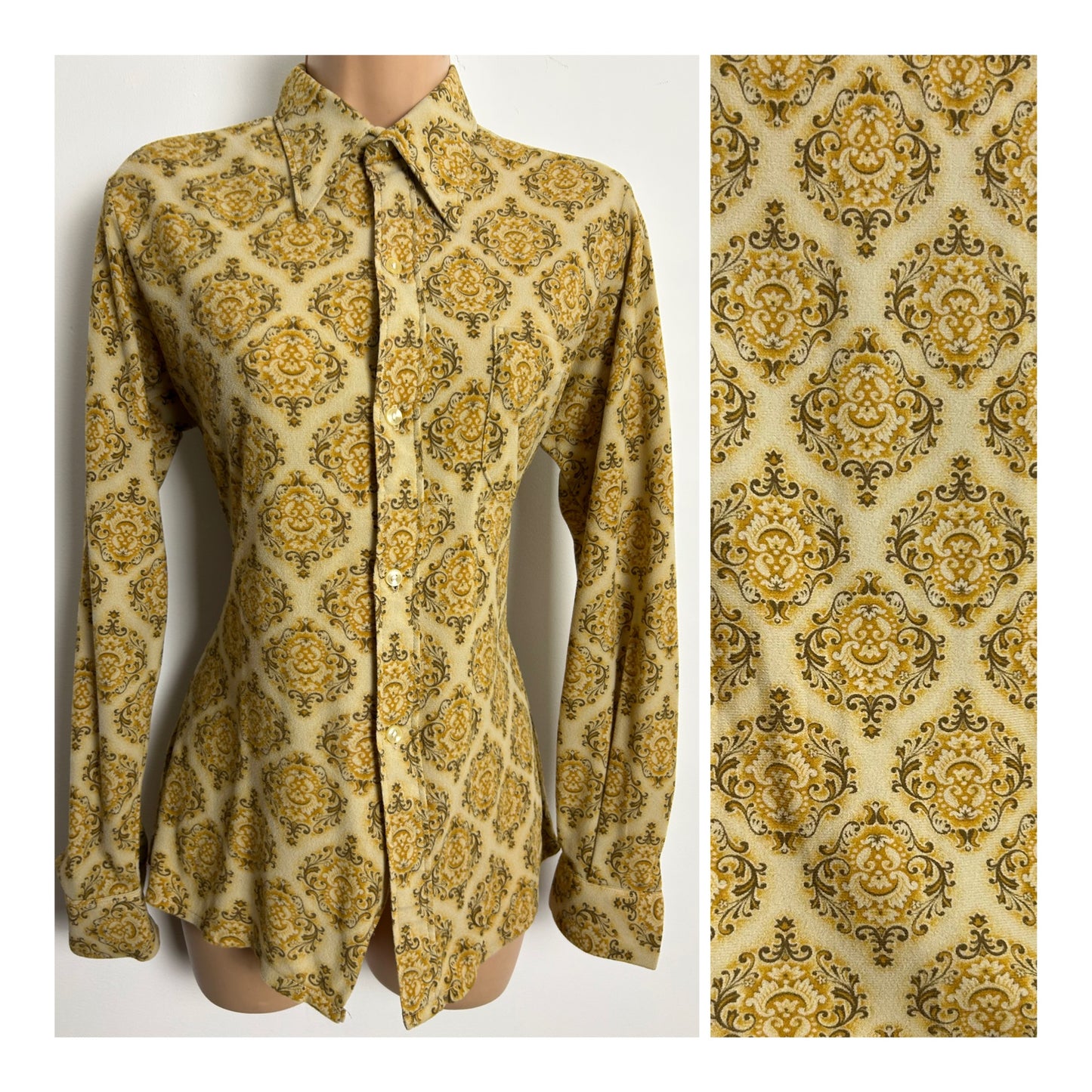 Vintage 1970s Size 12 Sandy Beige Tone Nouveau Scarf Print Long Sleeve Shirt