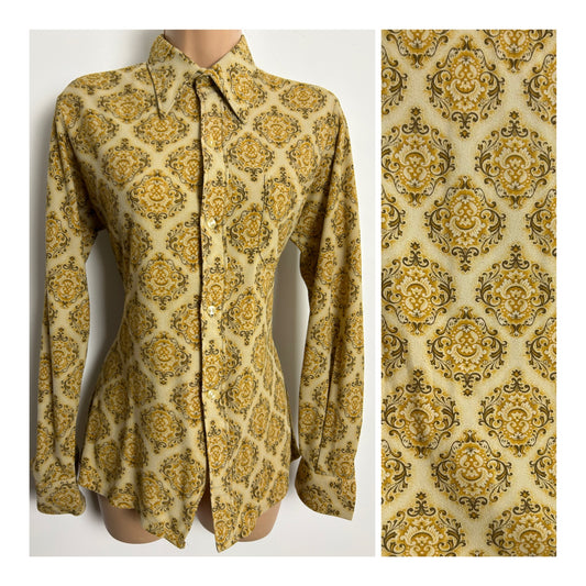 Vintage 1970s Size 12 Sandy Beige Tone Nouveau Scarf Print Long Sleeve Shirt