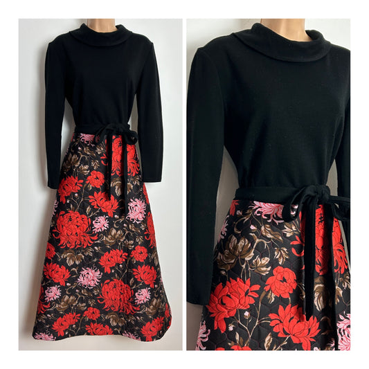 Vintage 1970s Size 12 Black Orange & Pink Floral Print Quilted Long Sleeve Belted Maxi Dress
