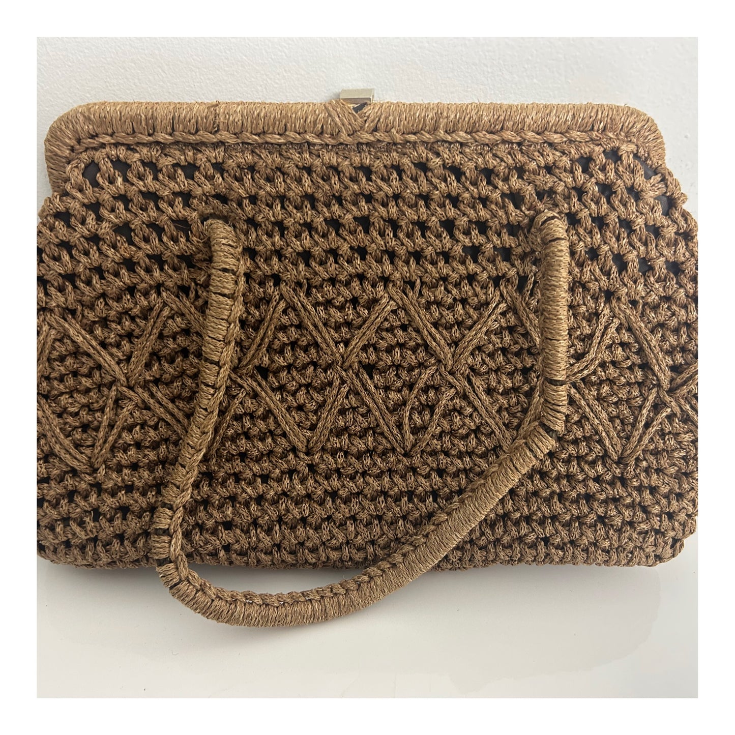 Vintage Late 1950s Pale Brown Woven Raffia Style Double Handle Handbag