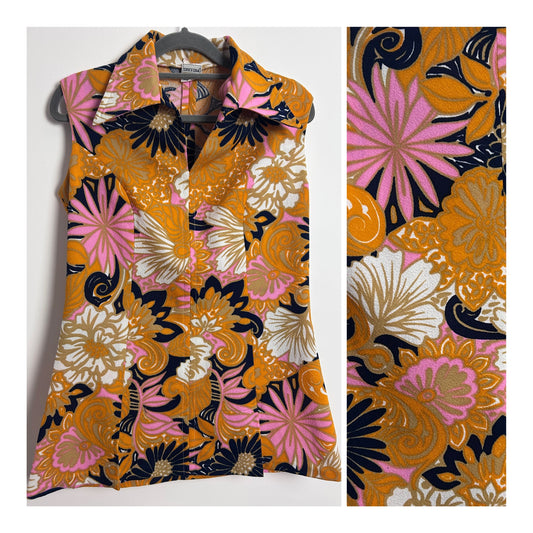 Vintage 1960s UK Size 8-10 Orange Black White & Pink Floral Print Sleeveless Tunic Style Top