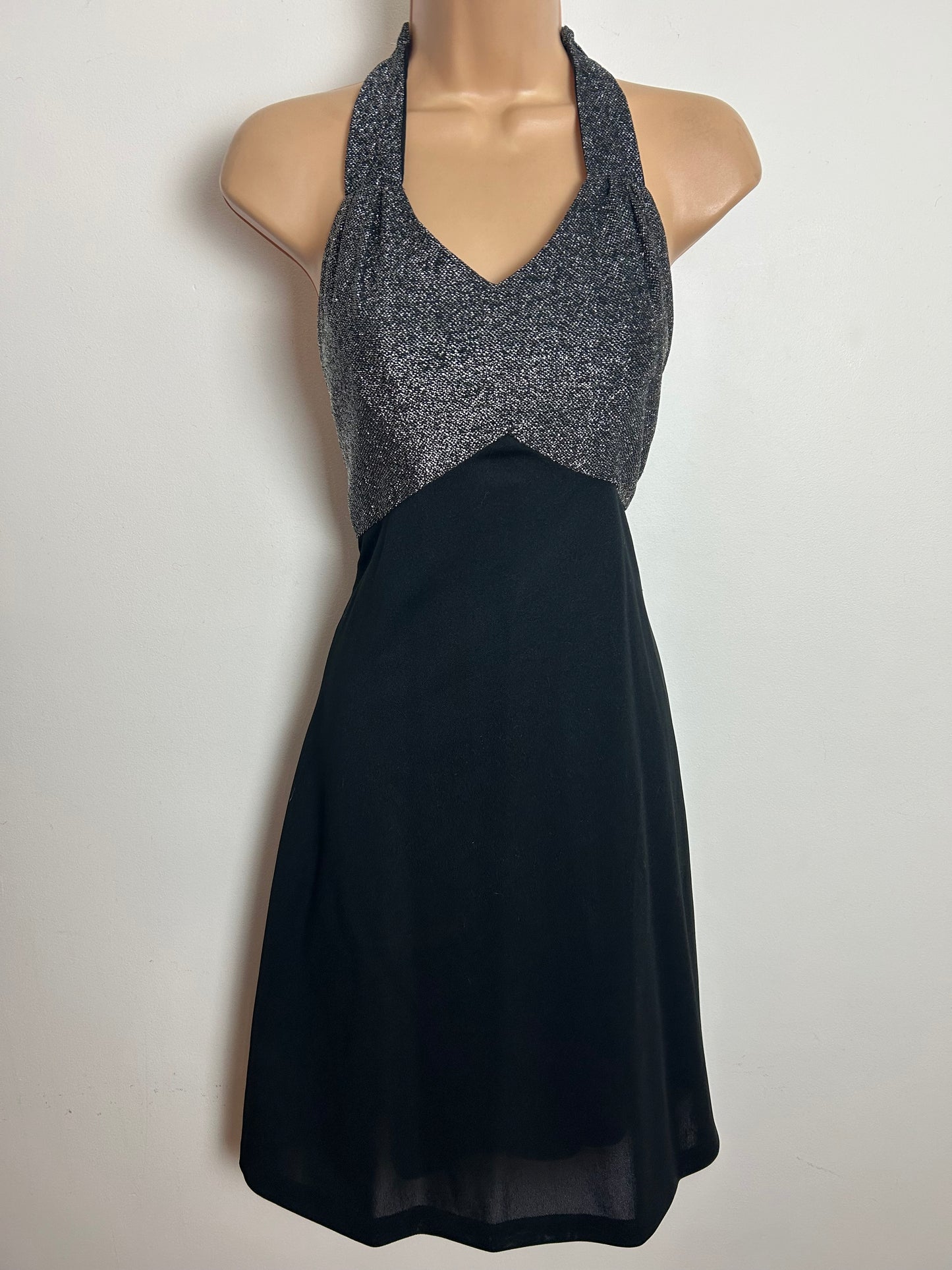 Vintage 1970s BELLE OF MY HEART Size 10-12 Black & Silver Lurex Halterneck Xmas Party Evening Dress