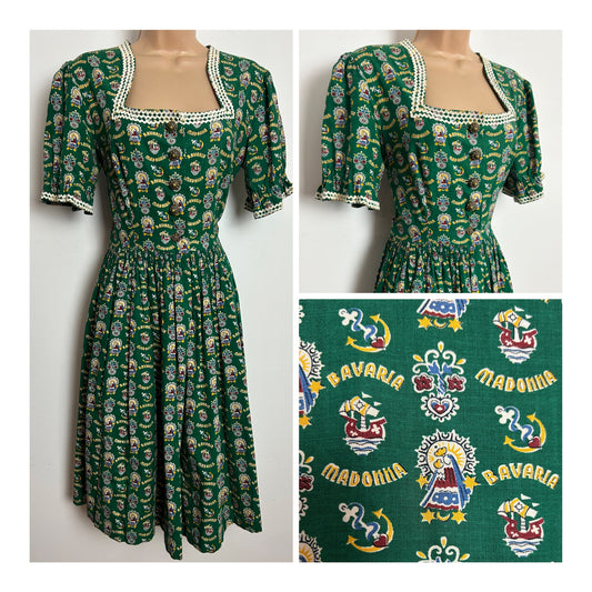 Vintage 1950s Size 8 Green "Bavaria" "Madonna" Boat Floral Anchor & Virgin Mary Print Cotton Folk Dress