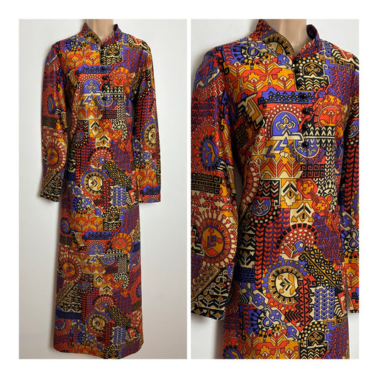 Vintage 1970s EASTEX Size 14 Orange Purple & Blue Abstract Print Long Sleeve Maxi Dress