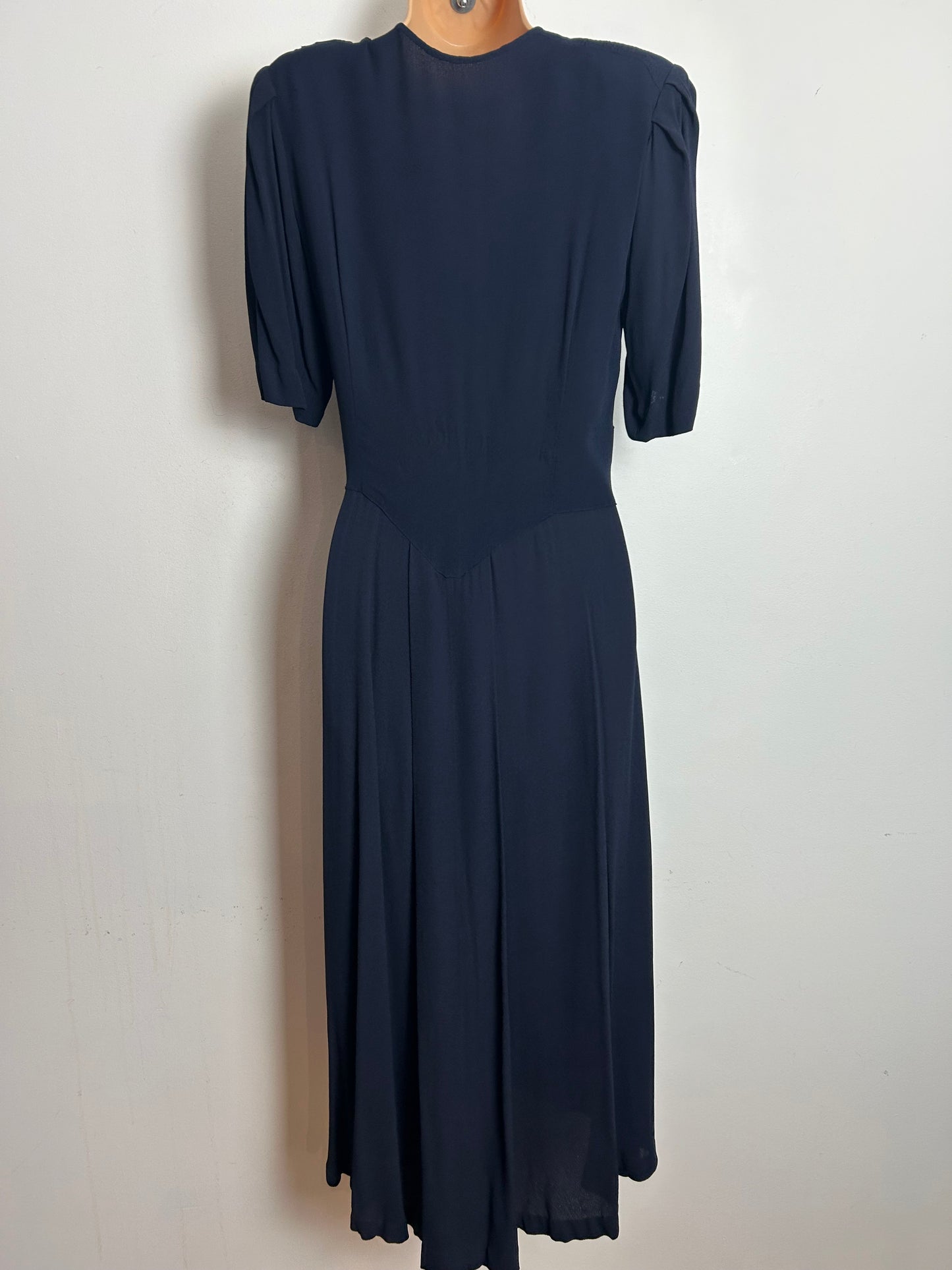 Vintage 1940s Size 12 Navy Blue Rayon Wartime WW2 Era Landgirls Rayon Tea Dress