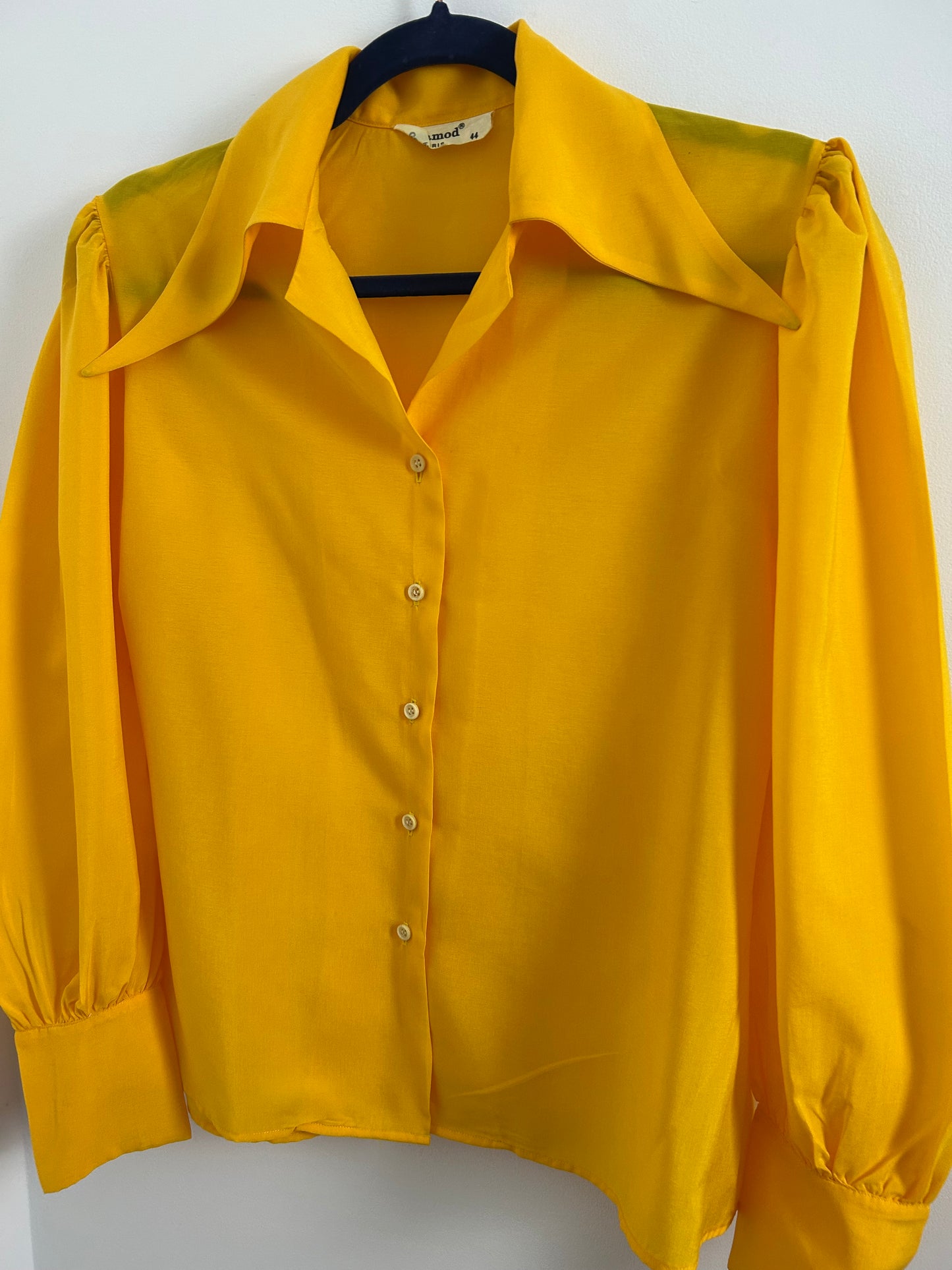 Vintage 1970s CELAMOD PARIS Size 12 Mustard Yellow Dagger Collar Long Sleeve Shirt