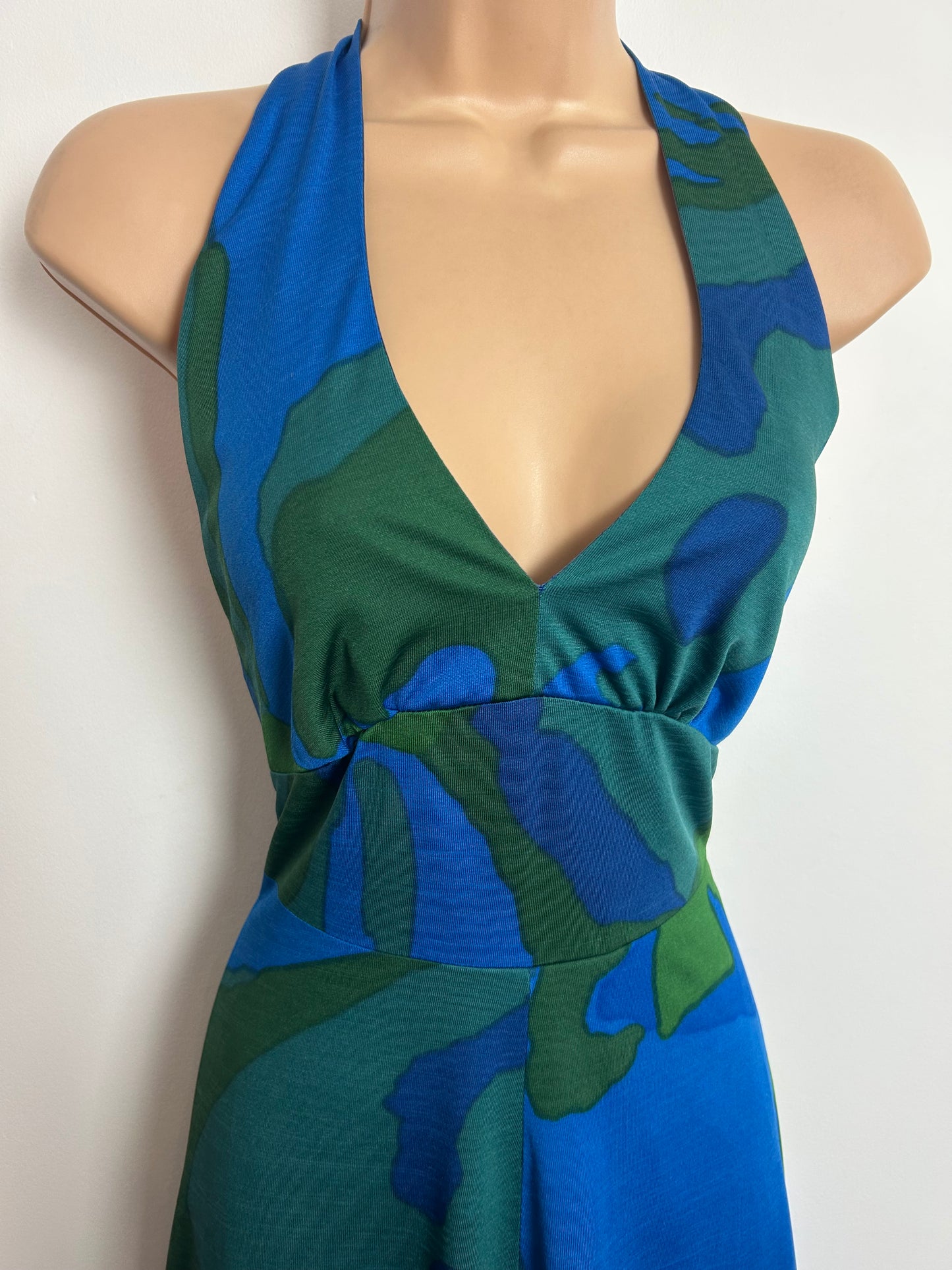 Vintage 1970s Size 6 BERNAT KELIN Blue & Green Abstract Print Halter Maxi Dress (Unlabelled)