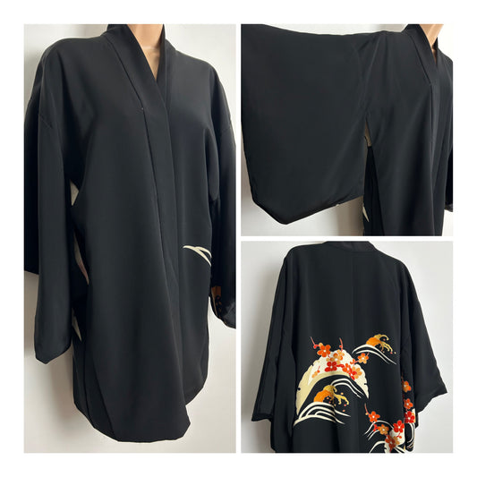 Vintage Up To Size 14/16  Beautiful Black Orange Yellow White & Gold Floral Print Japanese Haori Kimono Jacket
