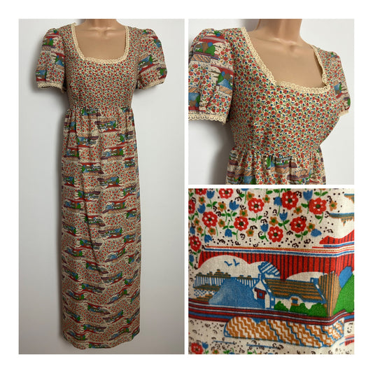 Vintage 1970s Size 8 Cream Blue & Red Floral & Cottage Print Cotton Mix Prairie Style Nightie Or Maxi Dress
