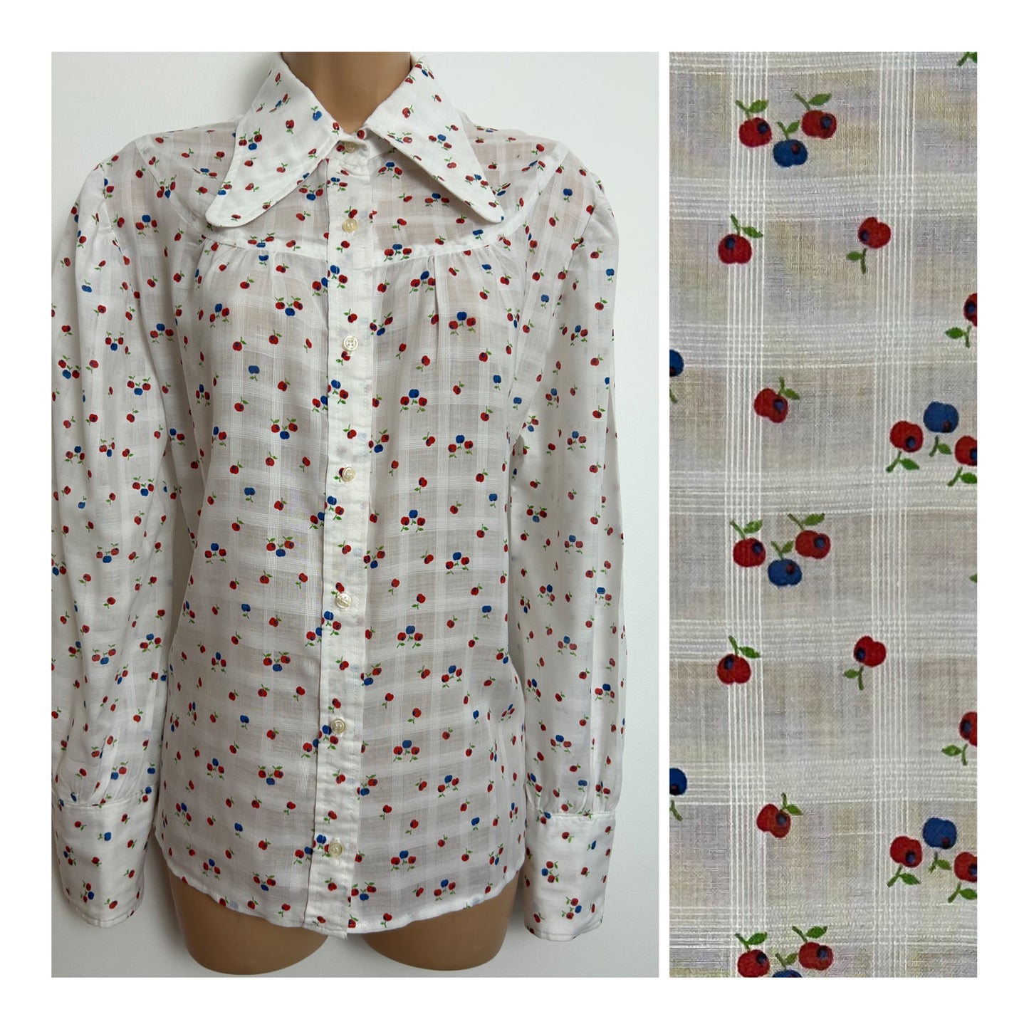 Vintage 1970s Size 14 White Red & Blue Apple Print Beagle Collar Cotton Shirt