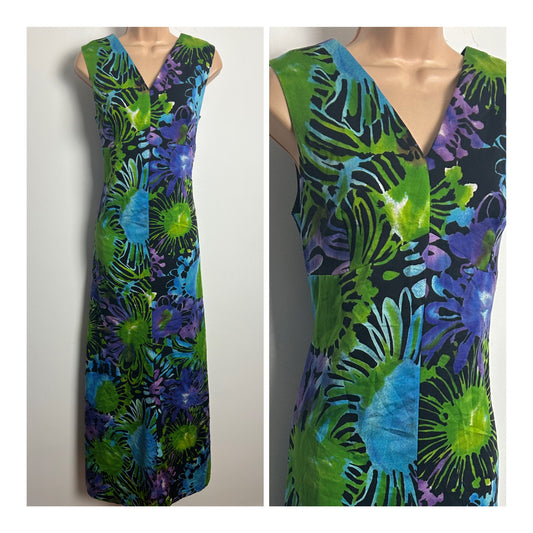 Vintage 1970s Size 12 Black Green Purple & Blue Floral Print Sleeveless Maxi Dress